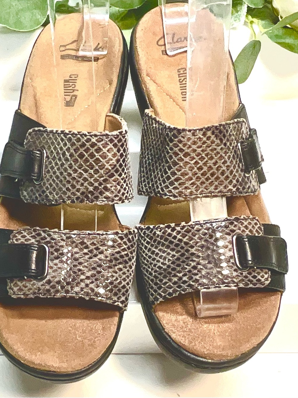 Clarks Brown Snake-Print Slide Sandals with Black Buckle Straps